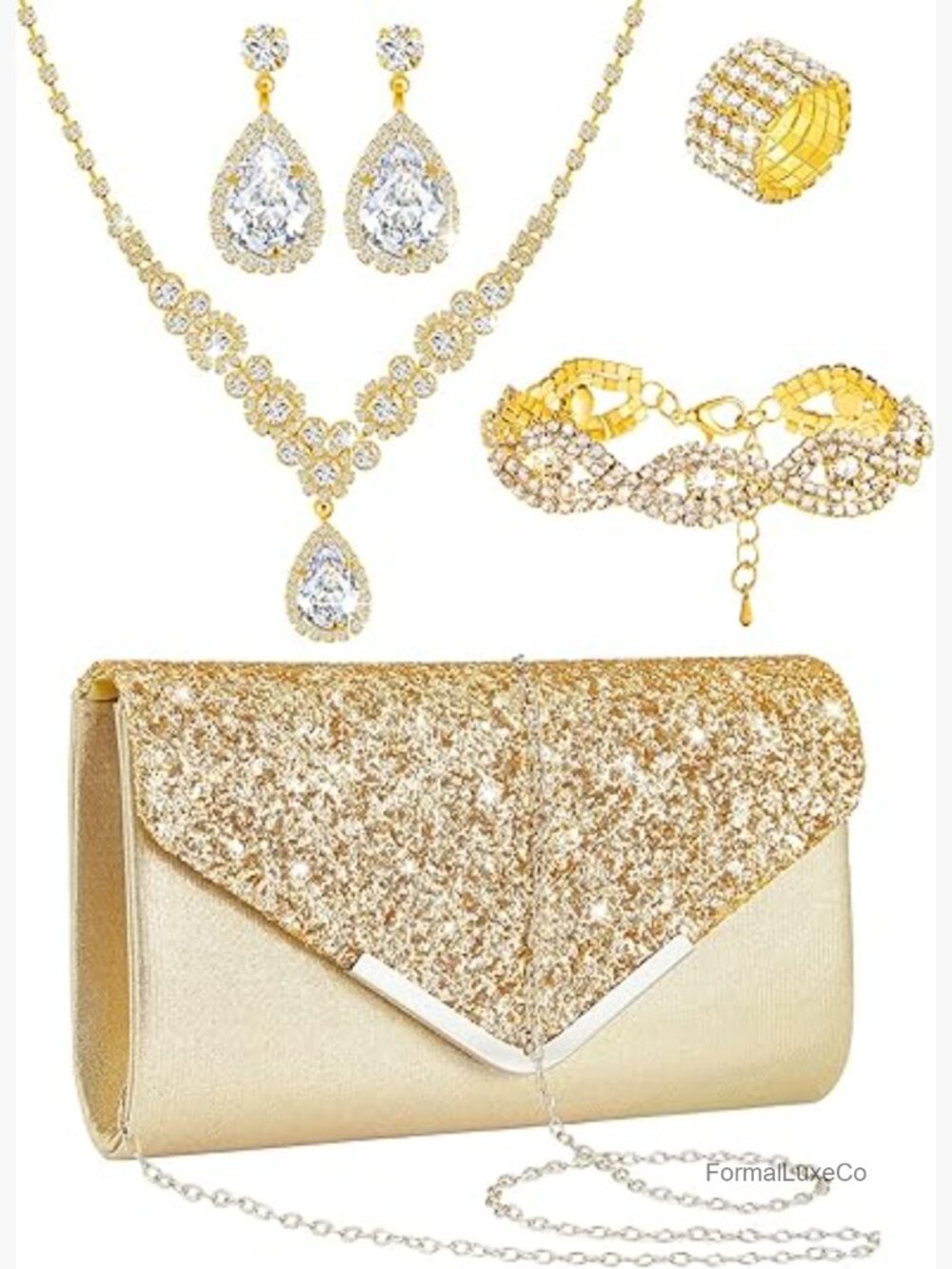 5pc Rhinestone Jewelry Set with Clutch Purse for Women